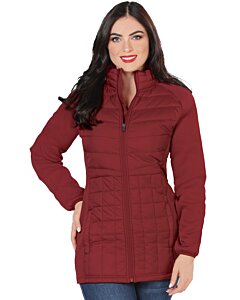 Front view of a woman wearing a burgundy long quilted jacket with a zipper