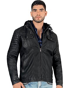 Chamarra color Negro con cremallera, bolsos al pecho y gorro removible.