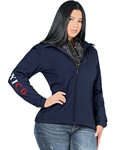 Shot of a woman wearing the Danesi 4052 Navy jacket, highlighting its fitted silhouette and stylish design.