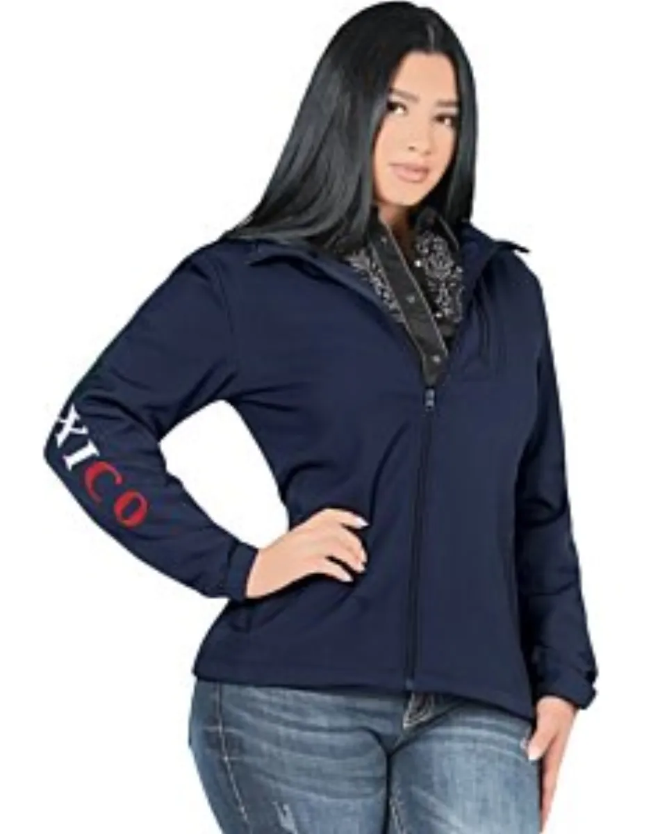 Shot of a woman wearing the Danesi 4052 Navy jacket, highlighting its fitted silhouette and stylish design.