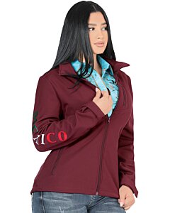 Woman in burgundy "Mexico" softshell jacket, angled view.