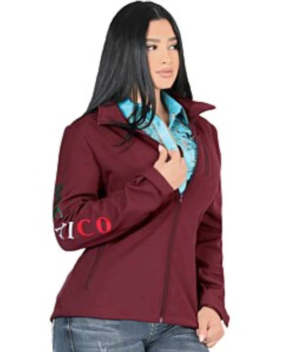 Woman in burgundy "Mexico" softshell jacket, angled view.