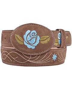 Cinto Vaquero Para Mujer Color Camel Hebilla Ovalada Bordado De Rosa Azul
