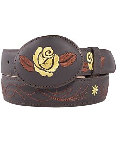Cinto Vaquero De Mujer Color Choco Con Rosa Amarilla Bordada En Hebilla Ovalada