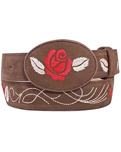 Cinto Vaquero De Mujer Piel Nobuck Color Camel Hebilla Ovalada Con Rosa Roja Borada