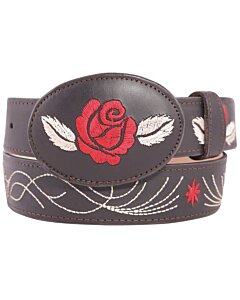 Cinto Vaquero Chocolate Para Dama Hebilla Ovalado Con Bordado De Rosa Roja