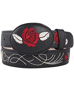 Cinto Vaquero De Mujer Color Negro Con Rosa Roja Sobre Hebilla Ovalada