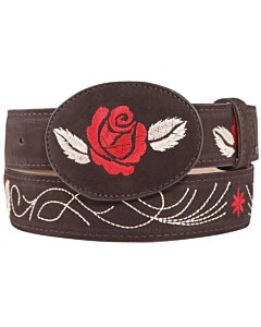 Cinto Vaquero De Dama Color Café Con Bordado De Rosa Roja