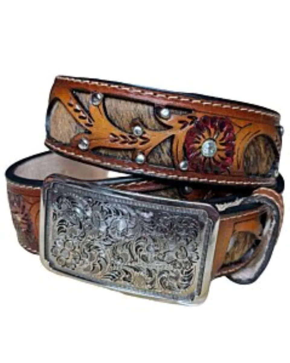 Medium brown leather Western belt with floral tooling, cow hair inlays, and an engraved rectangular buckle.