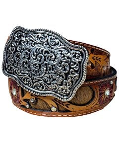 Cinturón vaquero café para mujer con diseño floral en cuero, acentos de pelo de res, y hebilla plateada grabada de White Diamonds.