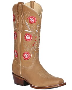 El General 42983 women's cowgirl rodeo boots in Orix bovine leather, featuring floral embroidery, leather outsole, and Rodeo toe.
