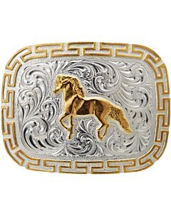 Hebilla Vaquera Caballo Trotando Plateada Con Dorado WD 11-1304