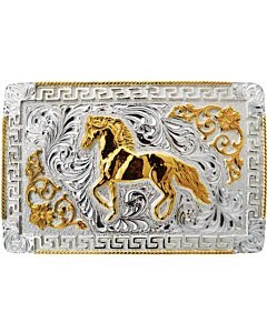 Hebilla Vaquera Cuadrada Color Plata Y Caballo Dorado