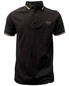 Polo deportivo negro para caballero con cuello en contraste a rayas y logo Lamasini