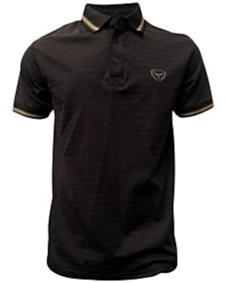 Polo deportivo negro para caballero con cuello en contraste a rayas y logo Lamasini