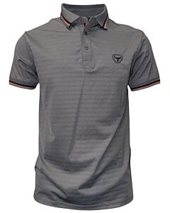 Polo deportivo gris para caballero con cuello en contraste a rayas y logo Lamasini