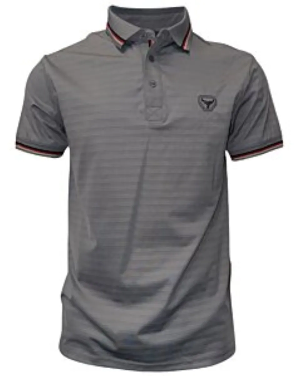 Polo deportivo gris para caballero con cuello en contraste a rayas y logo Lamasini