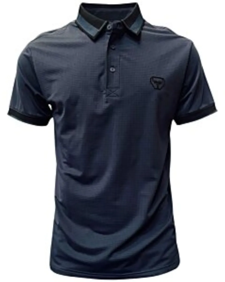 Polo deportivo azul marino para caballero con cuello negro en contraste y logo Lamasini