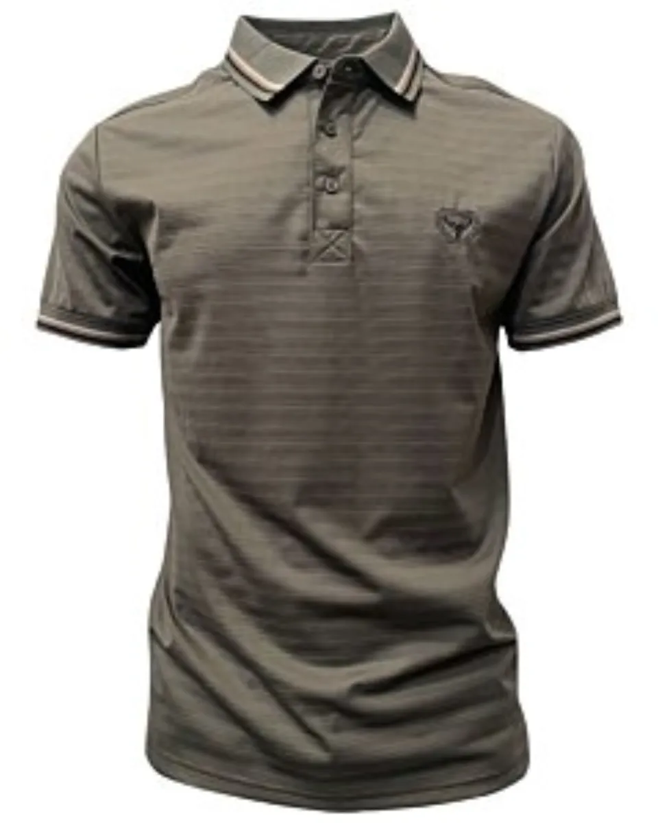Polo deportivo verde oliva para caballero con cuello en contraste a rayas y logo Lamasini