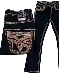 Jeans vaqueros negros para caballero, corte bota, con bordado premium y costuras en contraste – Lamasini 12101.