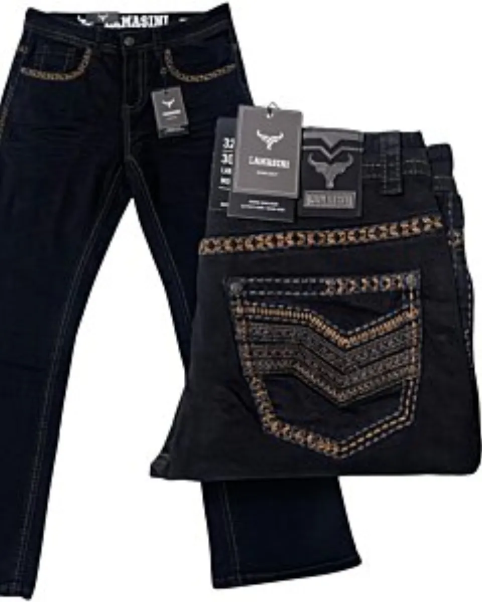 Pantalón de mezclilla negro para hombre con corte bota y bordado Western – Lamasini 1870