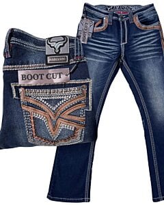 Jeans vaqueros azul oscuro para caballero, corte bota, con bordado detallado y costuras en contraste – Lamasini 12101.