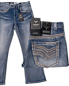 Pantalón de mezclilla azul claro para hombre con corte bota y bordado vaquero – Lamasini 1870