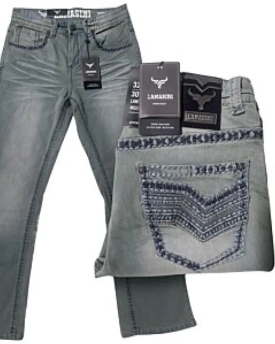 Jeans vaquero gris para hombre con corte bota y bordado Western – Lamasini 1870