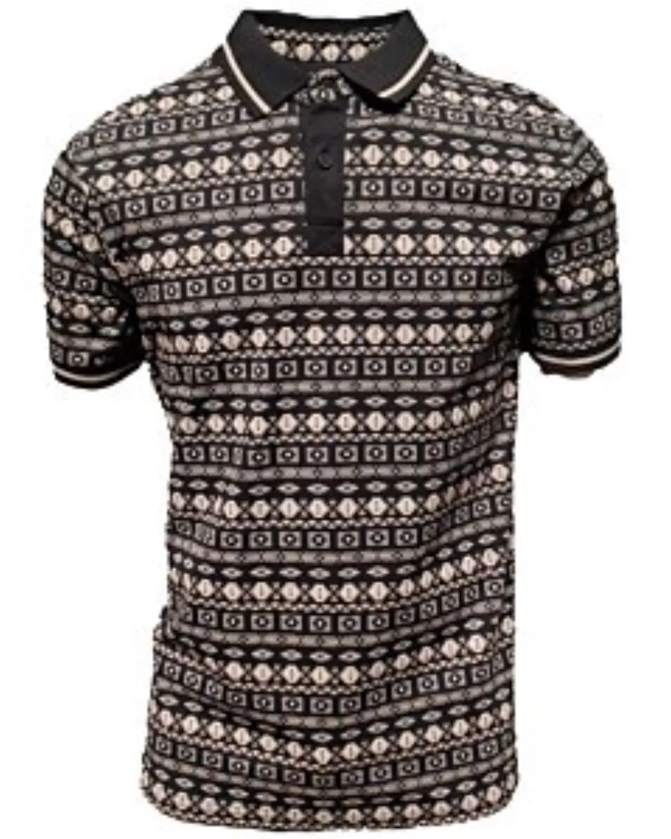 Camisa Polo negra para caballero con un patrón geométrico inspirado en Arizona, confeccionada con mezcla ligera de algodón y poliéster por Lamasini.