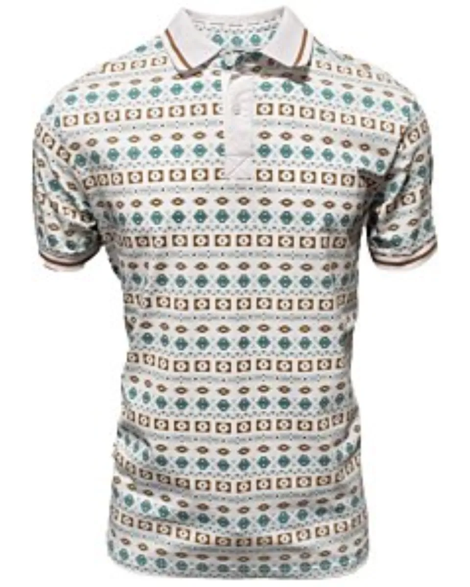 Camisa polo blanca para caballero con un diseño geométrico vibrante inspirado en los paisajes desérticos de Arizona, confeccionada en mezcla ligera de algodón y poliéster por Lamasini.