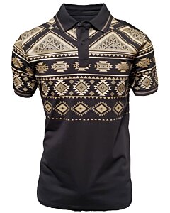 Polo color negro para caballero con diseños geométricos de inspiración tribal, confeccionado en mezcla ligera de algodón y poliéster por Lamasini.