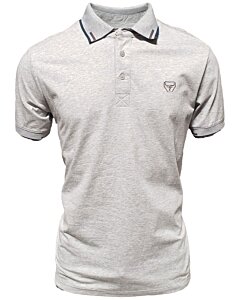 Camisa polo gris para caballero con detalles sutiles de rayas en el cuello, confeccionada en mezcla ligera de algodón y poliéster por Lamasini.