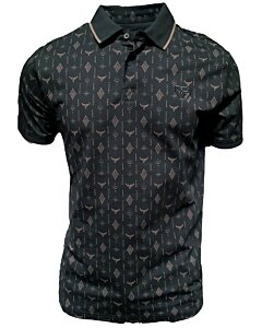 Polo negro para caballero con diseño geométrico sutil, logotipo de cuernos de Lamasini y diseño clásico de manga corta.