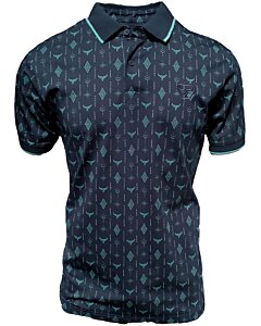 Polo azul marino para caballero con patrón geométrico y logotipo de cuernos de Lamasini, confeccionado en mezcla de algodón y poliéster.