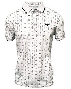 Polo blanco para caballero con patrón geométrico y logotipo de cuernos de Lamasini, confeccionado en mezcla de algodón y poliéster.