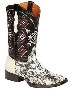 Men's Mexican cowboy boots in white and brown cow leather with hair, featuring a Rodeo toe, rubber outsole, and leather lining, model El General 44862.