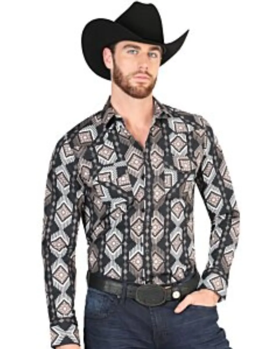 Camisa Vaquera Negra con Estampado Geométrico Marrón y Blanco para Hombre – El General 44427