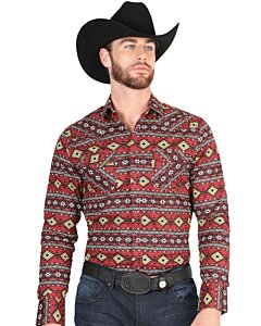 Camisa Vaquera para Hombre Vino con Estampado Geométrico Tribal – El General 44395