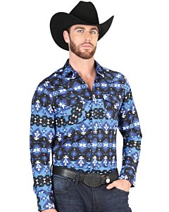 Camisa Vaquera para Hombre Azul con Estampado Tribal Geométrico – El General 44398