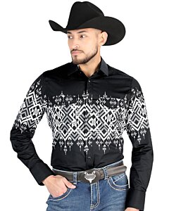 Hombre usando una camisa Western negra con patrones geométricos llamativos y cierre de botones de presión, opción para niños disponible.