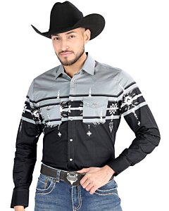 Hombre usando una camisa Western tribal en gris y negro con botones de presión y opción combinada para niños.