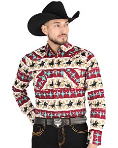 Camisa Vaquera para Hombre con Estampado Cowboy en Rojo y Marfil – El General 44476