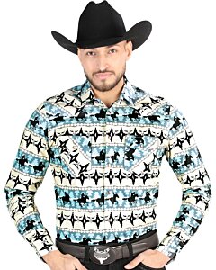 Camisa Vaquera para Hombre Azul con Estampado Western de Cowboys y Caballos – El General 44478