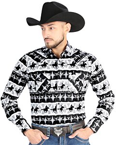 Camisa Vaquera para Hombre con Estampado Cowboy en Blanco y Negro, Manga Larga – El General 4483