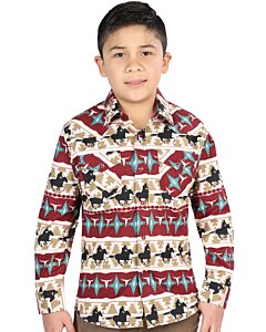 Boys' Cowboy Print Western Shirt in Red and Ivory – El General 44492