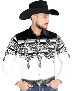 Hombre usando una camisa vaquera negra y blanca con patrones tribales llamativos y cierre de botones de presión, opción combinada para niños.