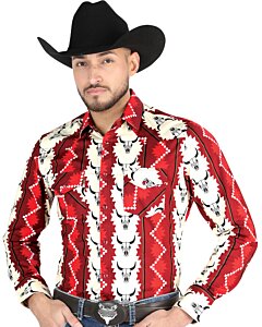 Camisa Vaquera Vino con Estampado de Cráneo de Vaca para Hombre – El General 44490
