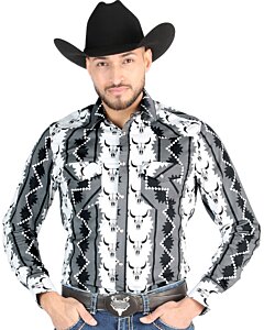 Camisa Vaquera Negra con Estampado de Cráneo de Vaca para Hombre – El General 44491