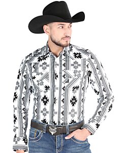 Camisa Vaquera Blanca con Estampado Geométrico en Negro y Gris para Hombre – El General 44470