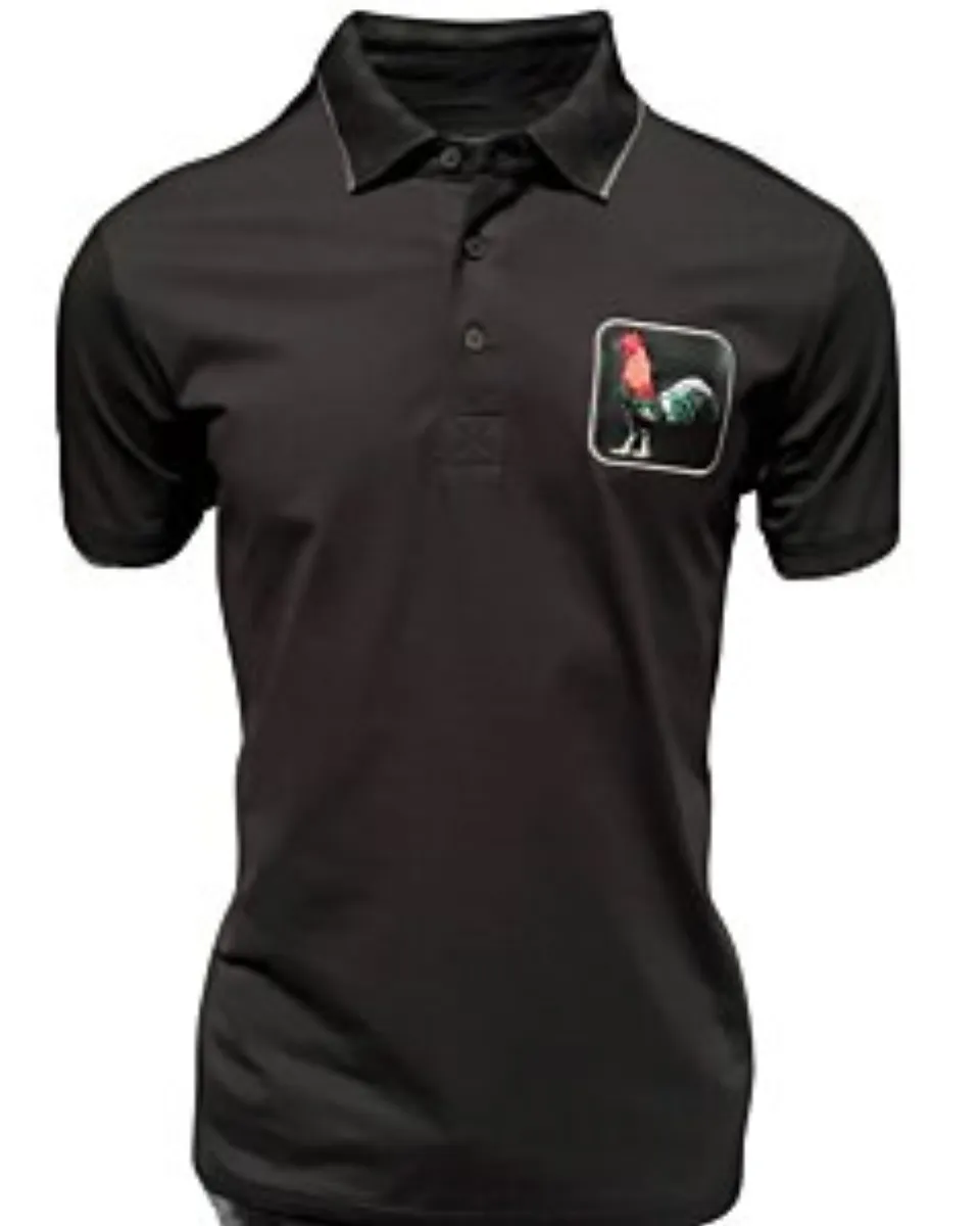 Camisa polo negra para caballero con un distintivo bordado de gallo, confeccionada en una mezcla transpirable de algodón y poliéster por Montero.
